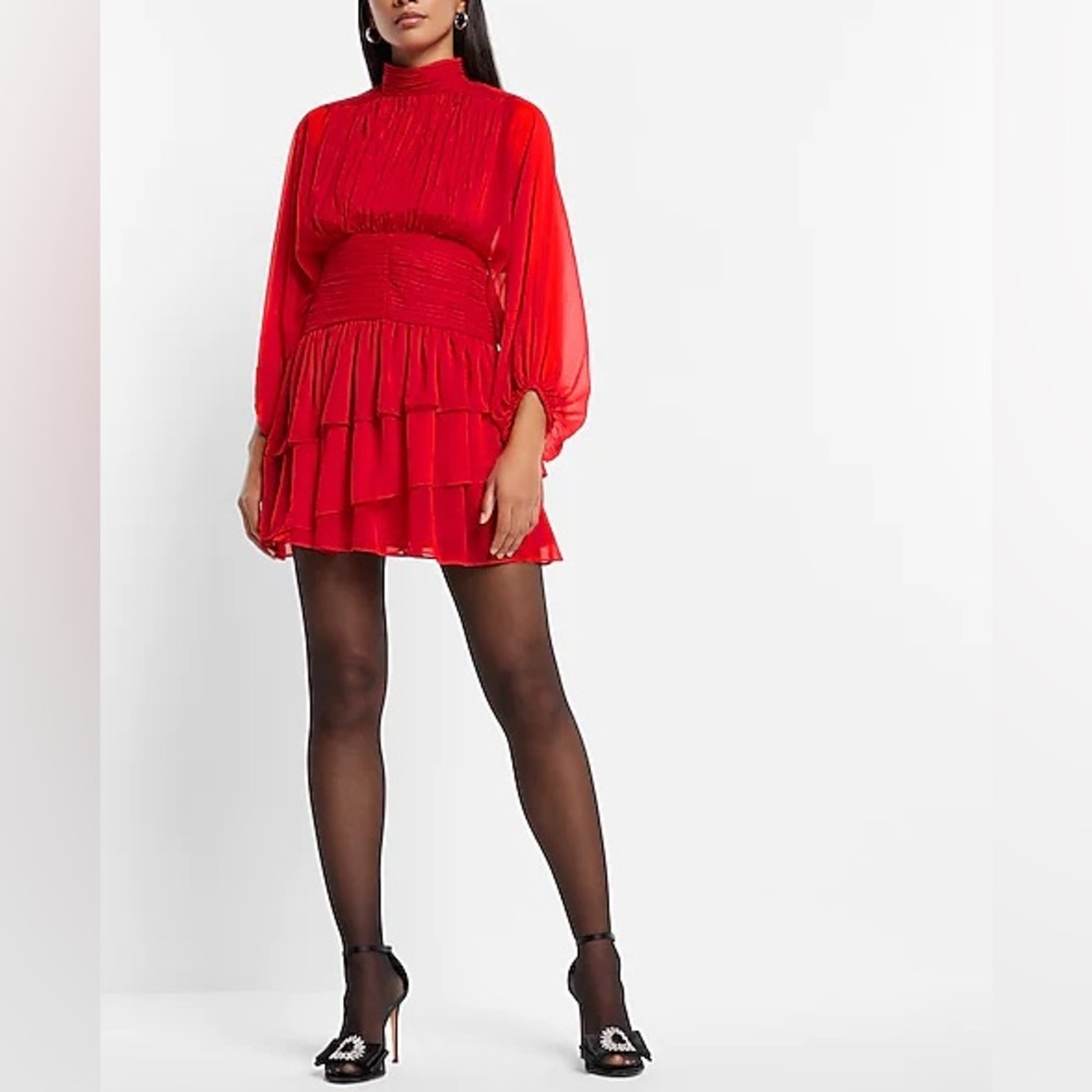 Express Mock Neck Long Sleeve Pleated Waist Tiered Ruffle Mini Red Dress